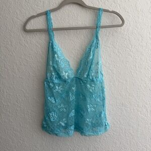 Y2K Occhi Verdi La Perla Camisole Size 12 Blue Lace Cami Sheer Fairy Babydoll
